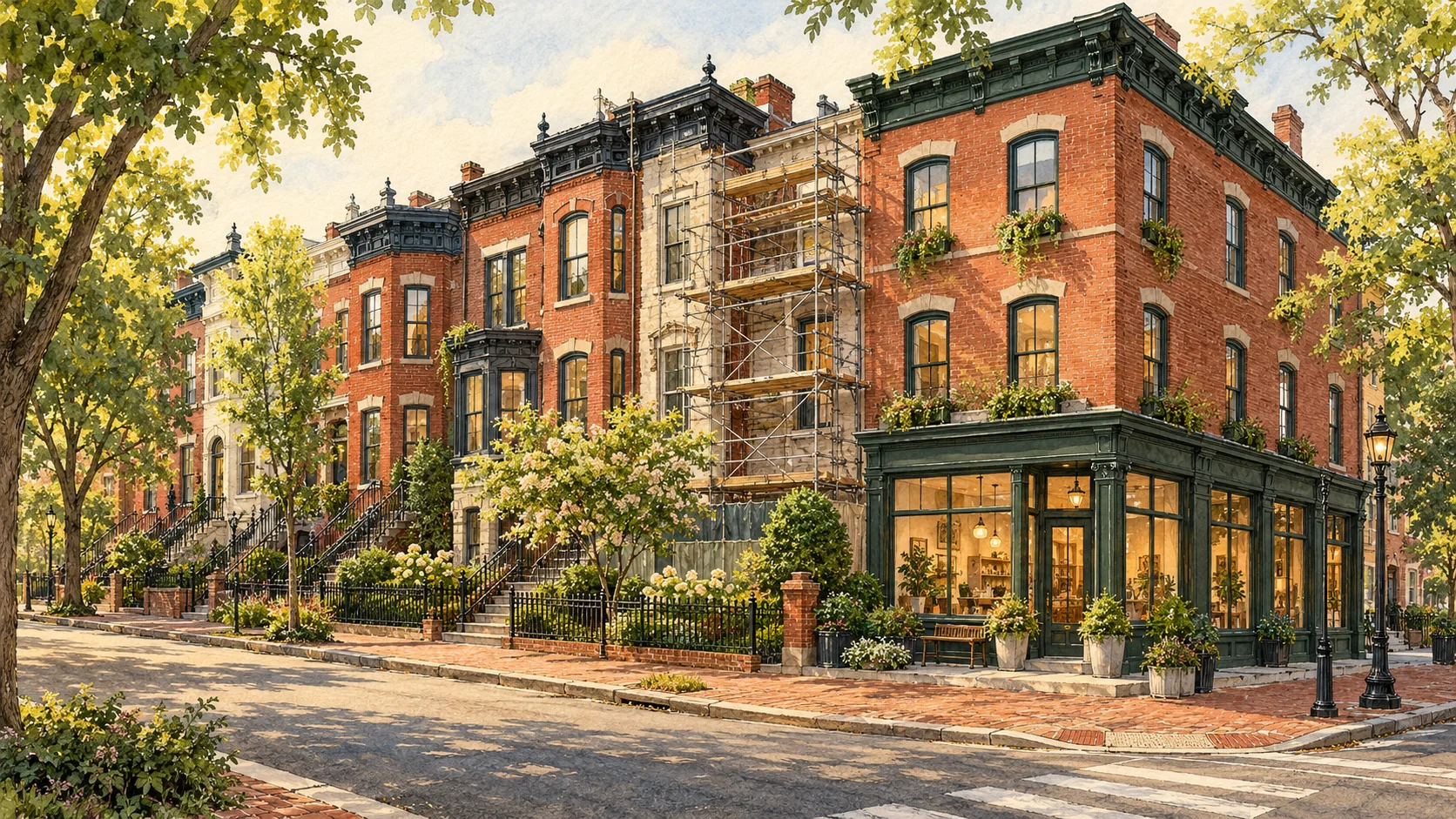 Architectural illustration of imagined DC-style brick rowhouses and a corner mixed-use building